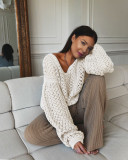 Plain Color Hollow Out V-Neck Pullover Oversize Sweater