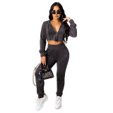 Pure Solid Zipper Crop Top and Pants Two Piece Set