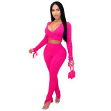 Plain Color Wrap Crop Top and Slit Bottom Pants Set