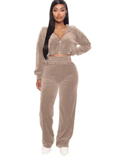 Plain Velvet Crop Top and Wide Leg Pants