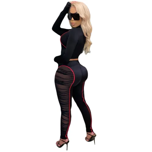 Sexy Long Sleeve Crop Top and Mesh Panel Pants Set