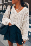 Plain Color Hollow Out V-Neck Pullover Oversize Sweater