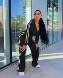 Side Striped Zipper Hooded Wide Leg Sports Suits