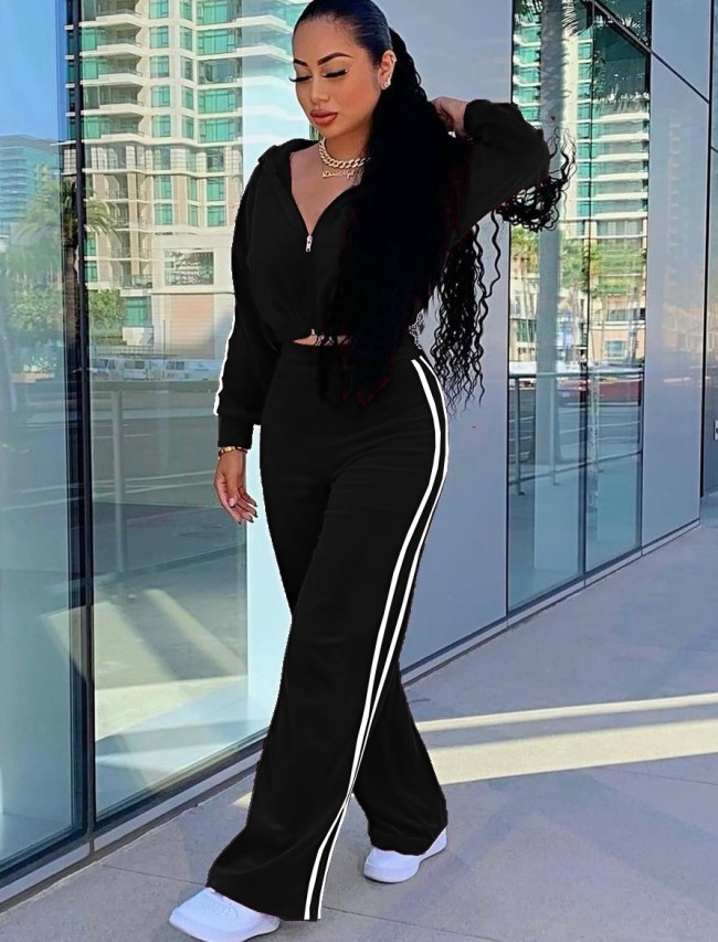 Side Striped Zipper Hooded Wide Leg Sports Suits