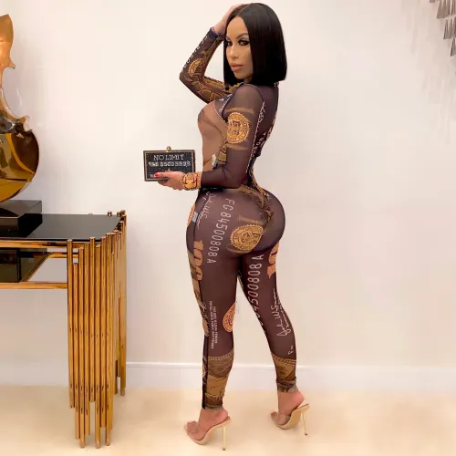 Dollars Bill Print See Through Bodycon Jumpsuit