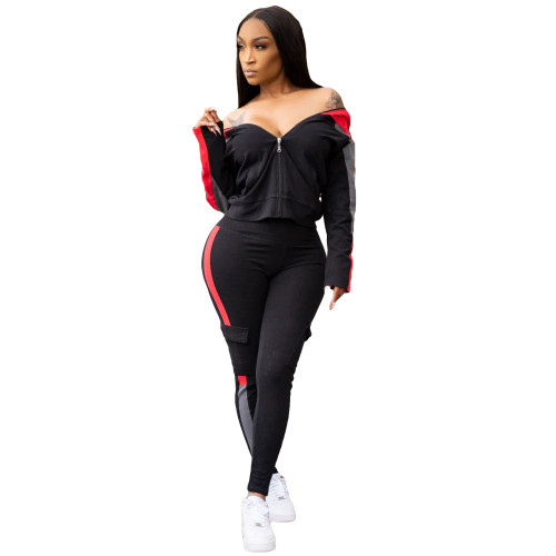Contrast Panel Pocketed Zipper Hooded Tracksuit