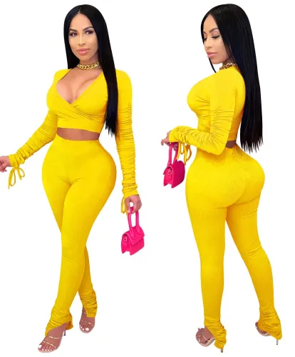 Plain Color Wrap Crop Top and Slit Bottom Pants Set