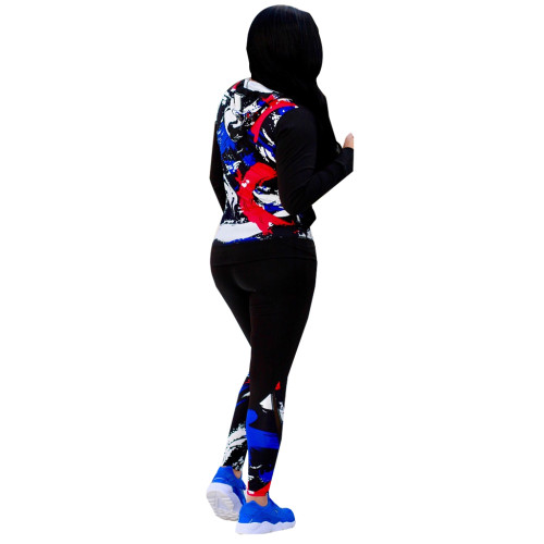 Print Patchwork Zipper Hooded Tracksuit