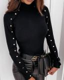 Black Long Sleeve Top with Button Trim