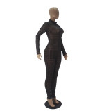 Print Black Sexy Long Sleeve Tight Jumpsuit