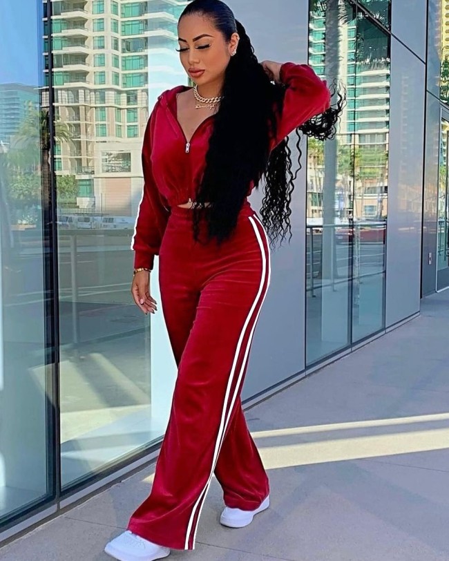 Side Striped Zipper Hooded Wide Leg Sports Suits