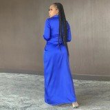 Blue Deep-V High Slit Wrap Long Sleeve Maxi Dress
