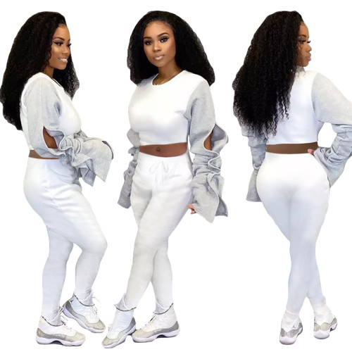 Two Piece Contrast Ruffle Sleeve Crop Top and Pants Set