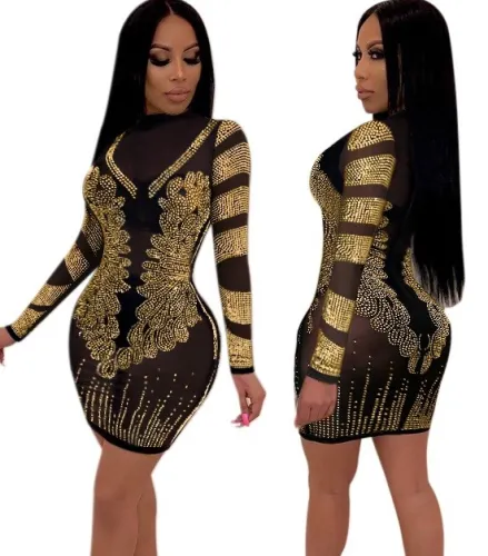 Sexy Long Sleeve Gold Rhinestone Bodycon Dress