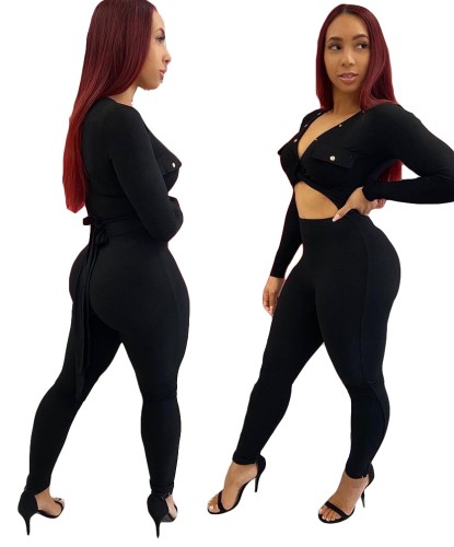 Solid Fitted Crop Top and Pants Two Piece Set