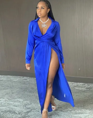 Blue Deep-V High Slit Wrap Long Sleeve Maxi Dress