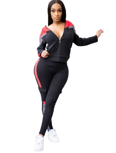 Contrast Panel Pocketed Zipper Hooded Tracksuit