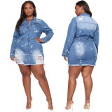 Sexy Button Up Ripped Blue Denim Fitted Mini Dress