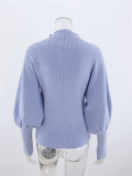 Solid Balloon Sleeve High Neck Pullover Sweater
