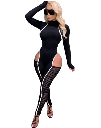 Sexy Ruched Contrast Cutout Mesh Patchwork Jumpsuit