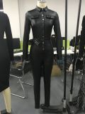 Black Button PU Leather Sexy Bodycon Jumpsuit
