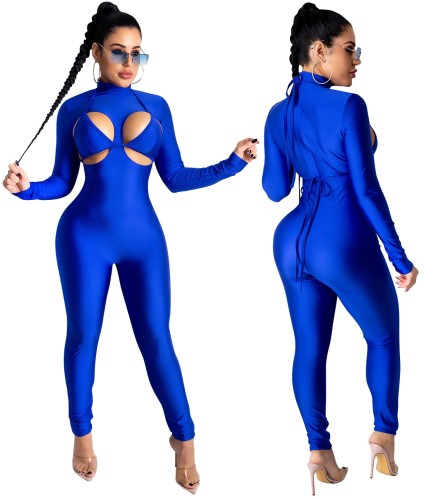 Solid Sexy Cutout Long Sleeve Bodycon Jumpsuit