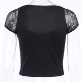 Black Lace Up Short Sleeve Sexy Crop Top