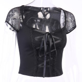 Black Lace Up Short Sleeve Sexy Crop Top