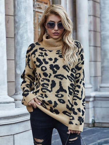 Leopard Print Turtleneck Long Pullover Sweater