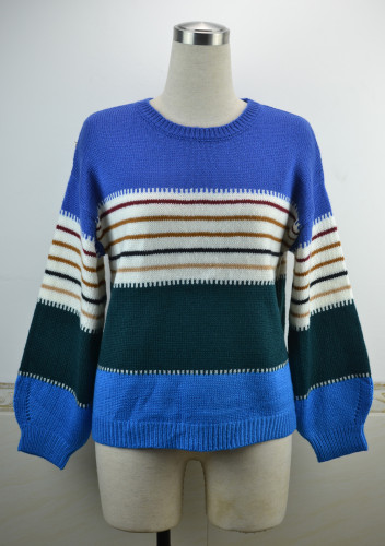 Colorful Contrast Striped Contrast O-Neck Pullover Sweater
