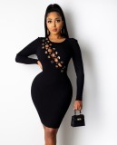 Black Lace Up Ribbed Bodycon Dress