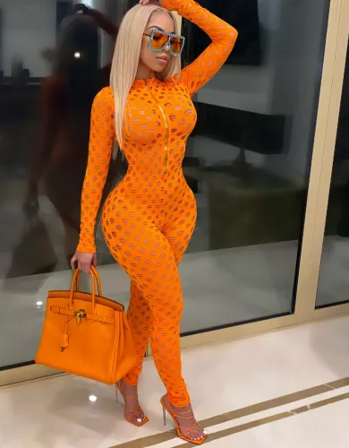 Hollow Out Zip Up Sexy Slinky Jumpsuit