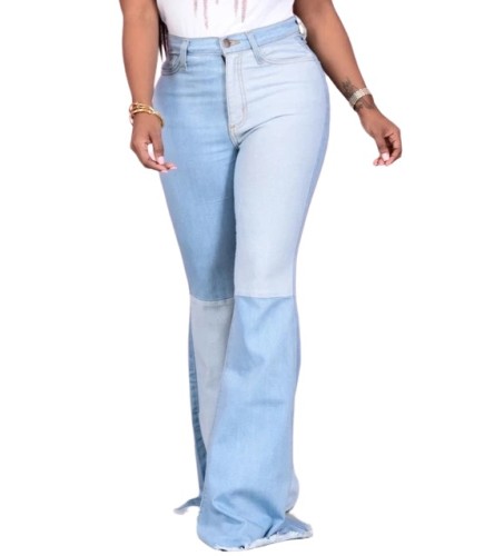 Two Tone Contrast High Waist Flare Jeans