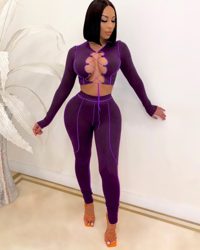 Sexy Matching Two Piece Lace Up Crop Top and High Waist Pants
