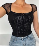 Black Lace Up Short Sleeve Sexy Crop Top