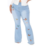 Light Blue High Waist Butterfly Print Bell Bottom Jeans