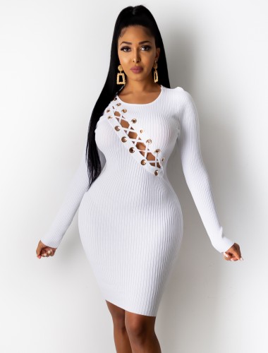 White Lace Up Ribbed Bodycon Dress