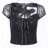 Black Lace Up Short Sleeve Sexy Crop Top