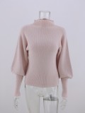 Solid Balloon Sleeve High Neck Pullover Sweater