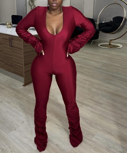 Solid Plunging Ruched Stack Jumpsuit