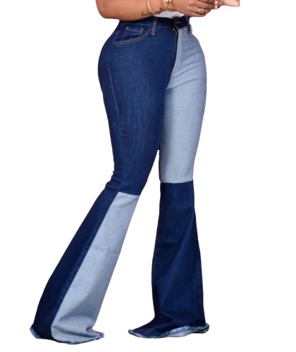 Two Tone Contrast High Waist Flare Jeans