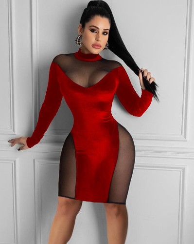 Long Sleeve Mesh Insert Sexy Bodycon Dress