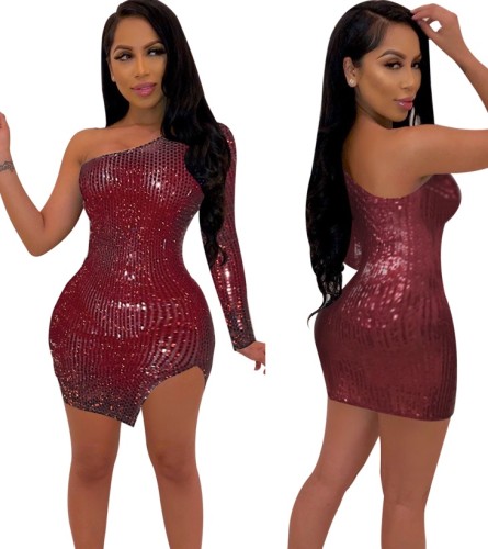 Sequins Red One Shoulder Bodycon Mini Dress