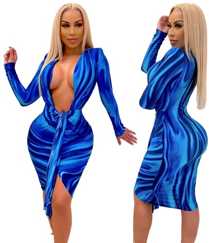Plunge Sexy Colorful Long Sleeve Party Bodycon Dress
