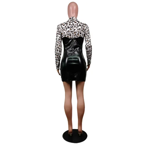 PU Leather Wild Print Patchwork Bodycon Dress