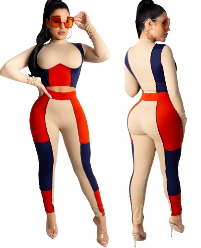 Fitted Color Block Crop Top and Pants Set