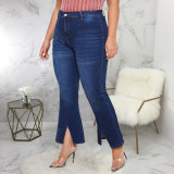 Plus Size Slit Bottom High Waist Blue Jeans