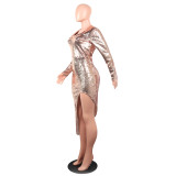 Sequin V-Neck Irregular Long Slit Dress