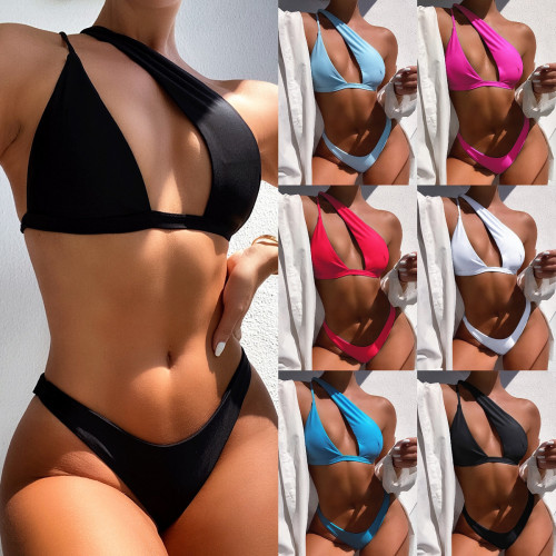 Solid One Shoulder Irregular High Cut Bikini Set