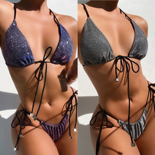 Sexy Shiny Lurex Halter Tie Sides Bikini Set